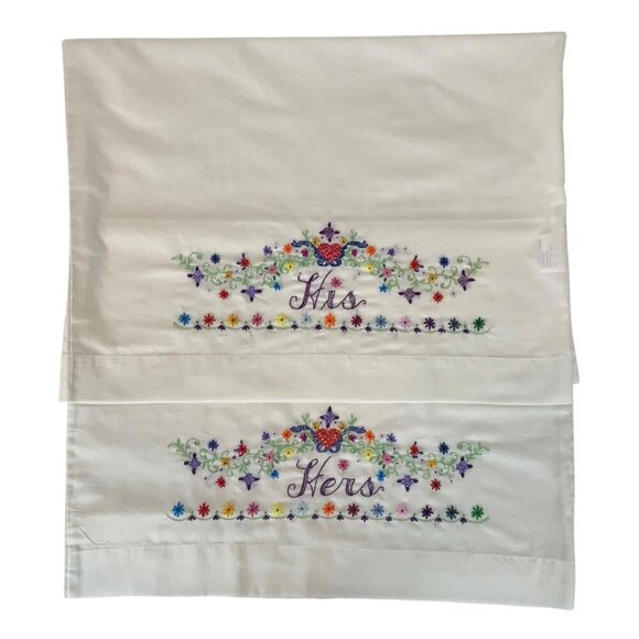 His & Hers Embroidered Queen Size Pillowcases Pair White Cotton Poly Blend - Picture 2 of 7